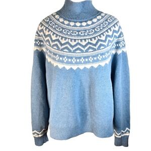 Boden Women's XL Marion Merino Wool Fair Isle Turtleneck Sweater Blue White K116